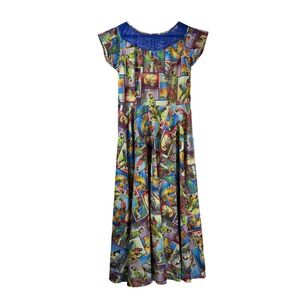 Neeru Kumar Tropical Bird Postcard Print Maxi Dress Blue Lace‎ Yoke Womens Small